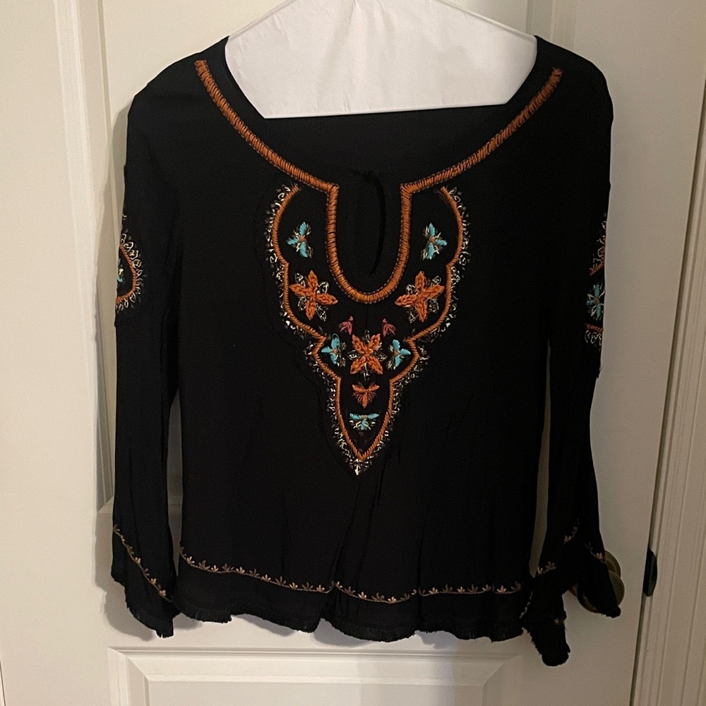 Love Stitch Black Blouse with Orange and Blue Embroidery